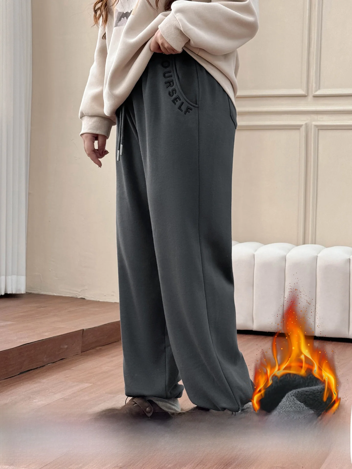 

Женские брюки больших размеров с вышивкой и подкладкой из флиса, широкие брюки на шнурке, уличный стиль, осенне-зимняя мода, корейская версия