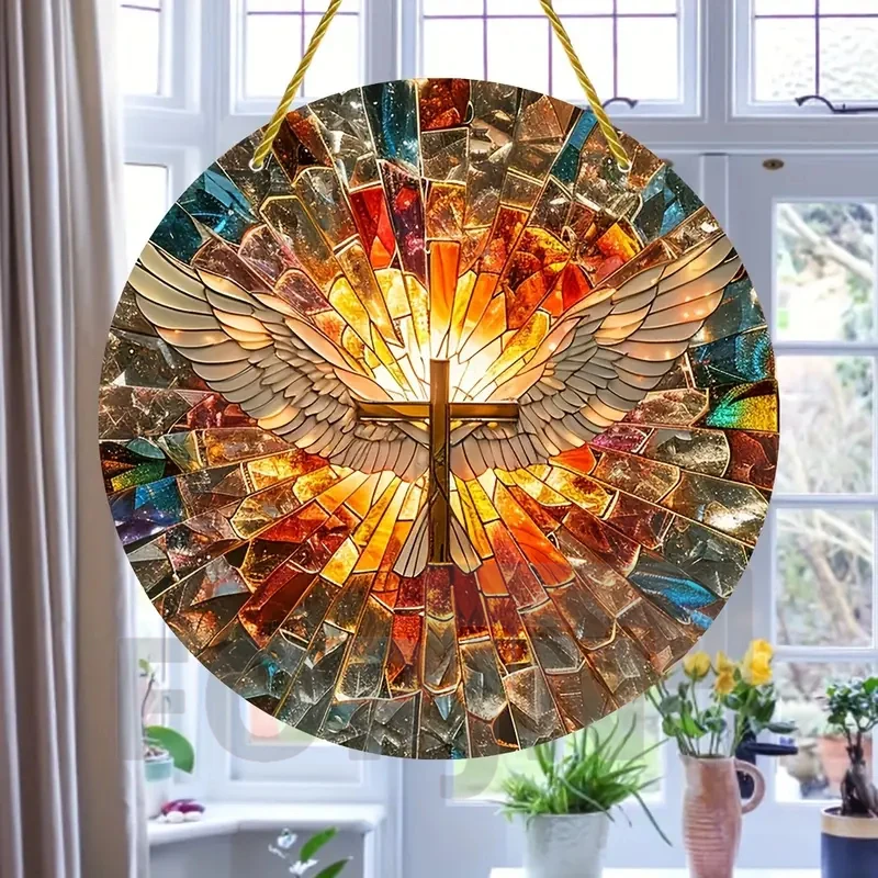 Cross Sun Catcher Acrylic Round Sign,Faux 3D Christianity Religious Pendant Plate,Home,Garden,Room,church,Holy Week&Easter Decor