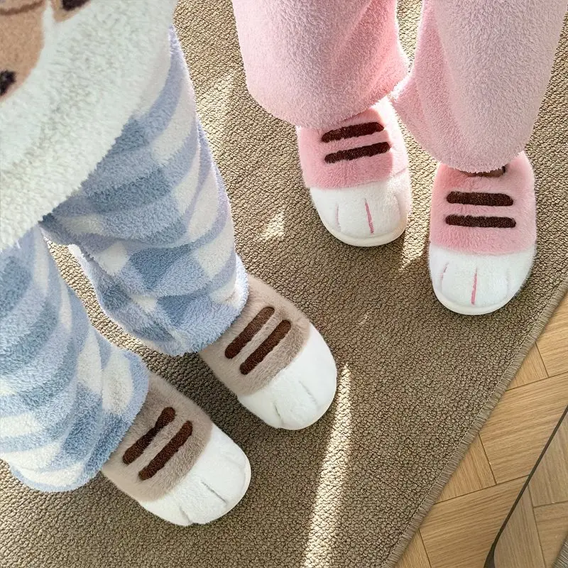 Soft fluffy stereoscopic cat paw slippers men women thick fur home slides ladies winter warm cute versatile indoor shoes