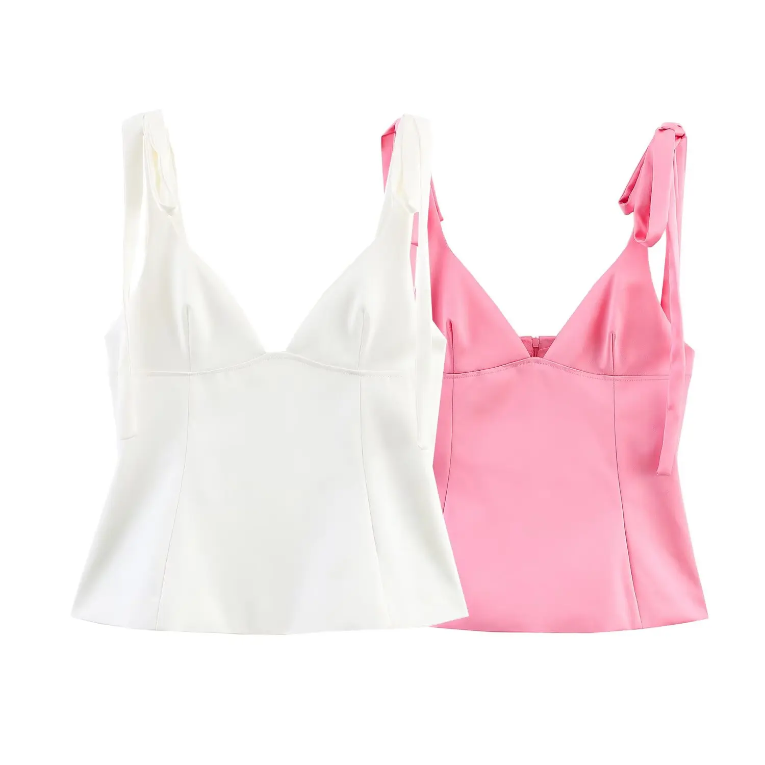 

Women's 2025 new Fashion bow shoulder strap design slim V-neck satin textured top retro backless women's vest chic top