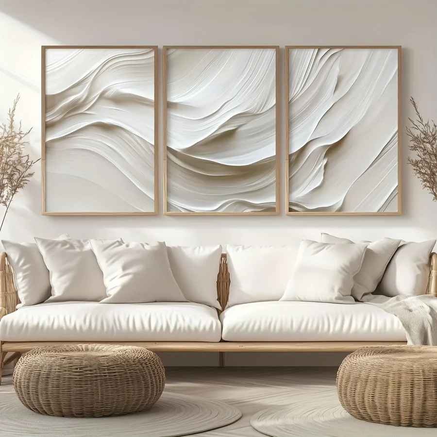 3pcs/set Neutral Beige Soft Tone Simple Canvas Print White Wave Abstract Wall Art Poster Modern Living Room Bedroom Home Deco