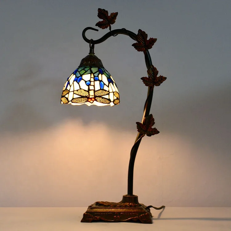 6-Inch -Style Dragonfly Stained Glass Table Lamp with Grape Leaf Lampshade and Coffee Light
