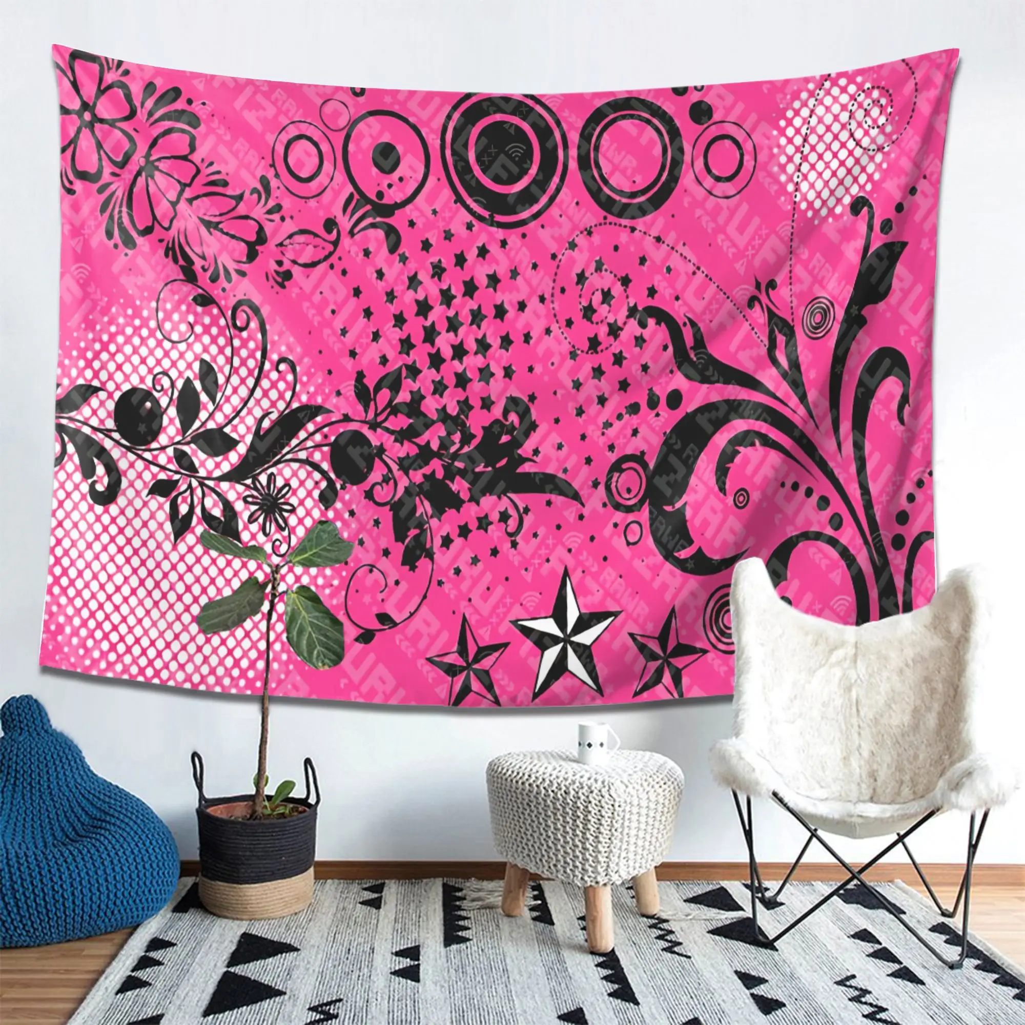 VIKAMA Y2K Millennium Black Pink Graffiti Tapestry, Star Flower Wave Dot Wall Art for Bedroom Living Room Decor