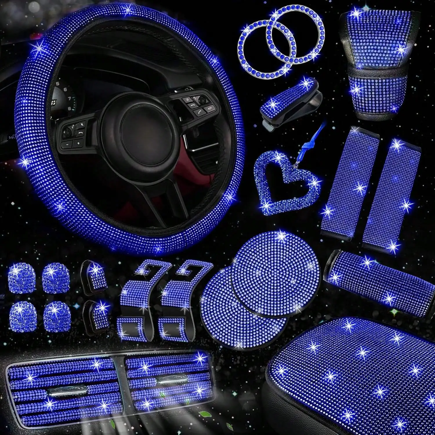 30pcs Bling Car Additions Set for Women, Steering Wheel Covers Universal Fit 15 Inch, Seat Belt Covers, Armrest Cover, Gear Shift Covers
