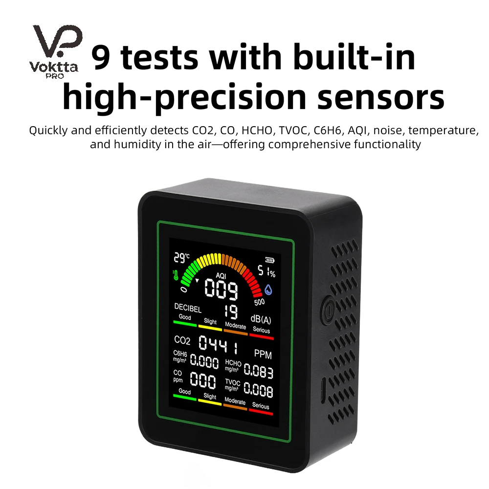 9 In 1 Air Quality Monitor With Color Display For Formaldehyde TVOC Temperature Humidity CO2 Detector 3.7V Type C