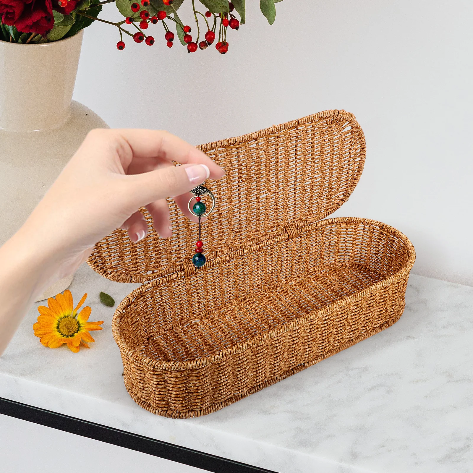 

Woven Basket Storage Organizer Elegant Rustic Style Desktop Tidy Portable Container for Home Office Sundries Gift