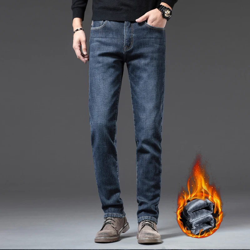 Autumn Winter High Quality Super Thick Fleece Warm Classic Business Casual Fit Straight Men's Cotton Stretch Embroidered Jeans