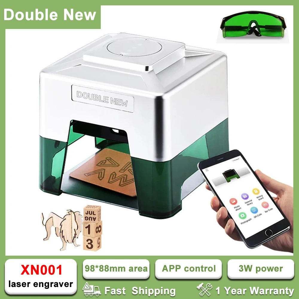 DoubleNew Mini Desktop Laser Engraver Bluetooth APP Control 3000mw Portable CNC Woodworking Machine DIY Logo Mark Printer Cutter