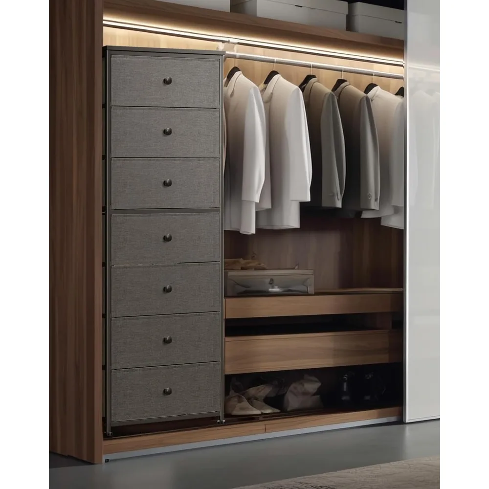 خزانة قماش طويلة لغرفة النوم، برج منظم تخزين عمودي مع 7 أدراج، خزانة ذات أدراج مع صناديق، إطار فولاذي، خشب