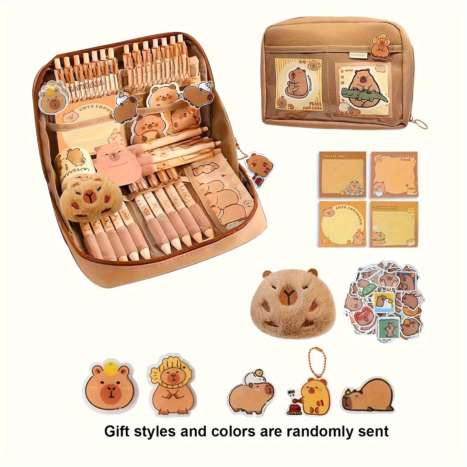 17pcs Capybara Stationery Set, Cute Capybara Pencil Case, Multi-Layer School Pencil Box with Stickers, Keychain, Brooch