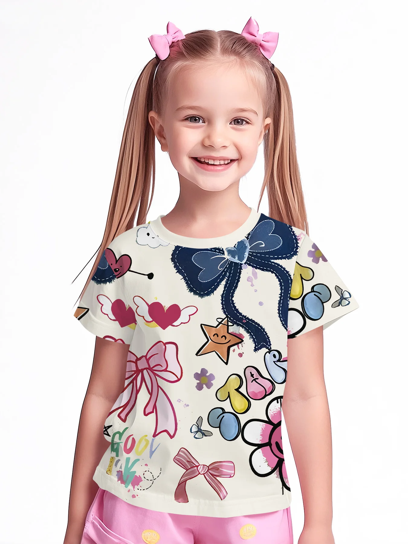 Hand Drawn Bow Heart Print Girls T-Shirt, Cream Background Cute Cartoon Elements Crew Neck Toddler Casual Top