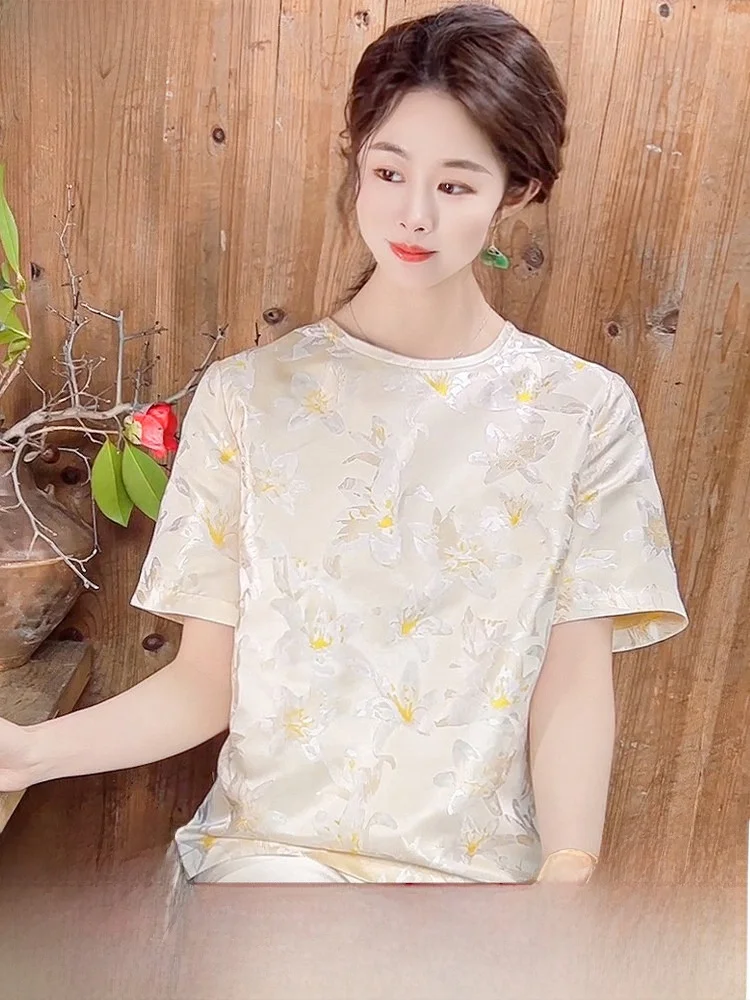 

Ele ort Sve Silk T-irt Women's Summer Faion Traditional Song Jin Fabric Straight Cut Floral Print Breathable Cas...