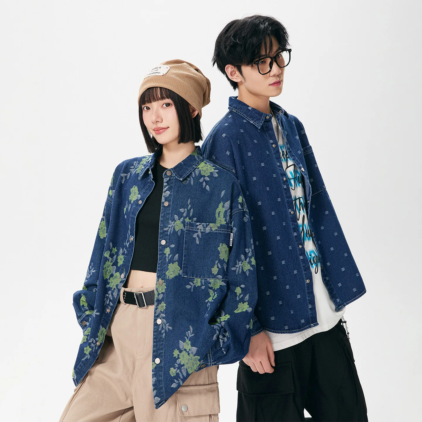 Unsiex Shirts 2025 Autumn Blue Jacquard Denim Jacket For Men & Women Patterned Washed Loose Casual Long-Sleeve Shirt