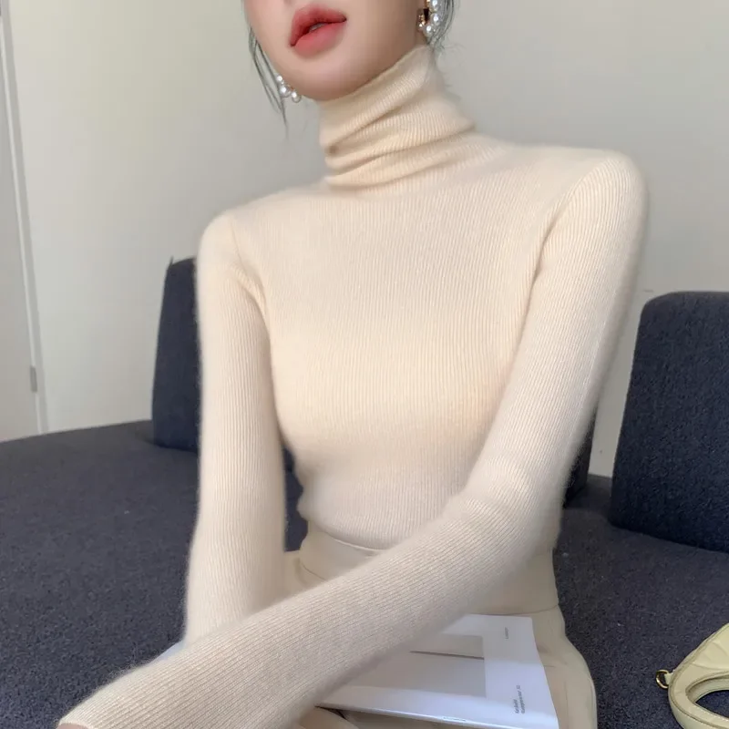 Jersey de punto de manga larga para mujer, suéter ajustado informal liso, jersey cálido con cuello alto para otoño e invierno, Top de capa Base Simple 2025