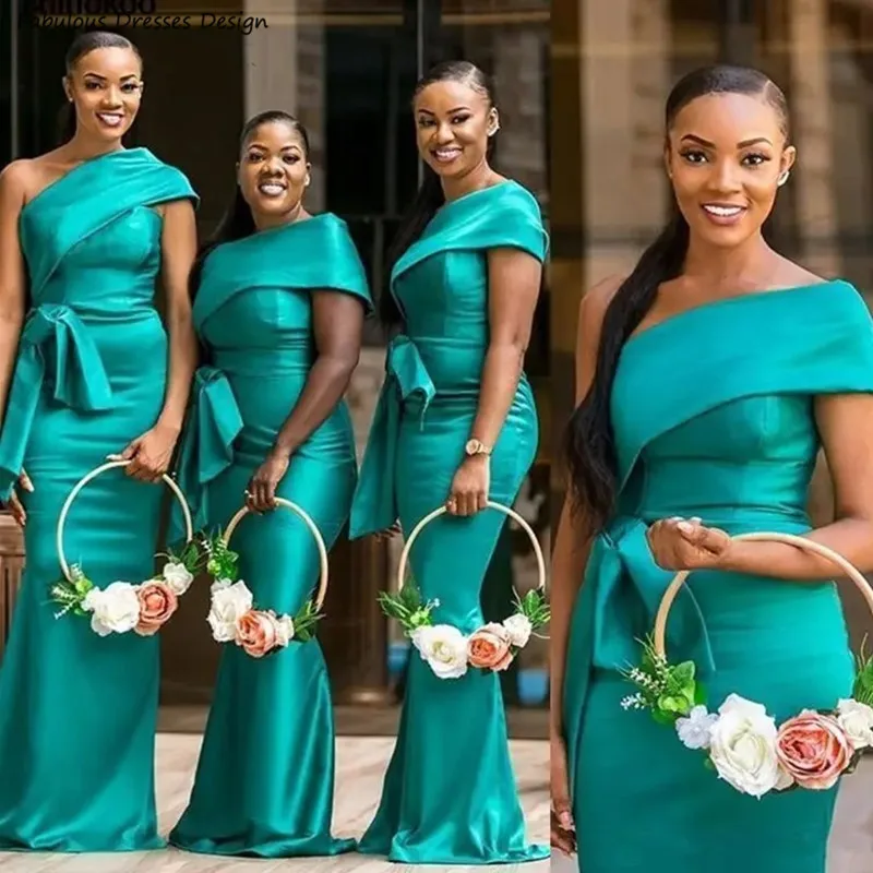 

Formal Green One Shoulder Bridesmaid Dresses Long Mermaid Bowknot Wedding Guest Dress For African Women Prom Party Gown