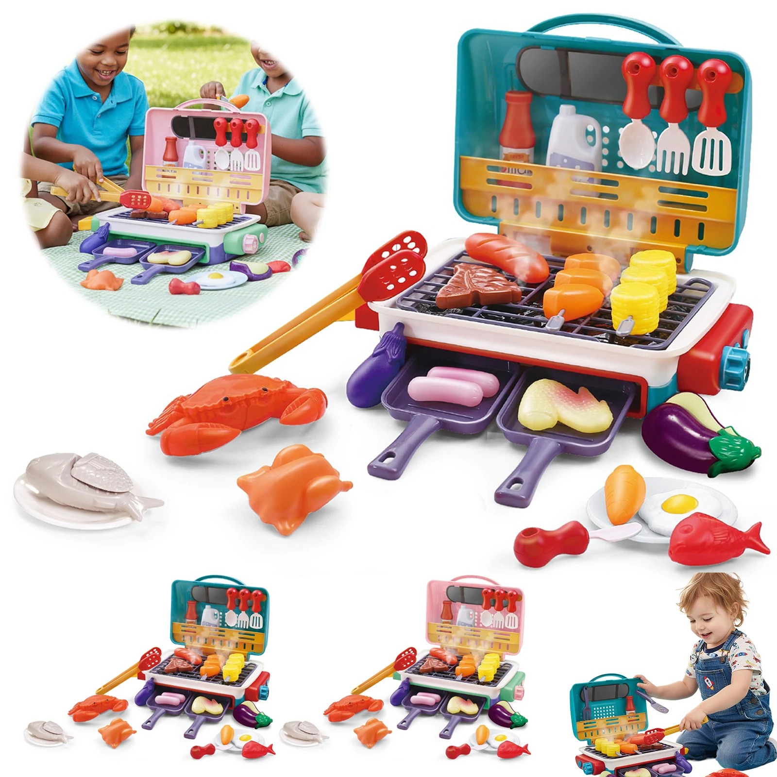Kids Simulated Barbecue Set with Spray Light and Sound Pretend Play Kitchen Cooking Toy BBQ Educational Toys Birthday Gift