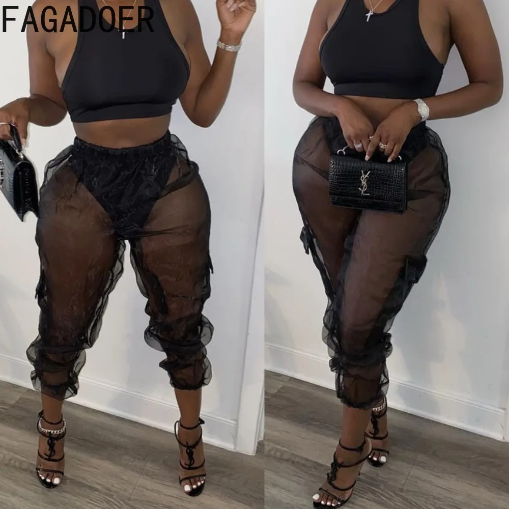 

FAGADOER Casual Mesh Perspective Pocket Cargo Pants Women High Waisted Sporty Trousers Female Solid Color Matching Bottoms 2024