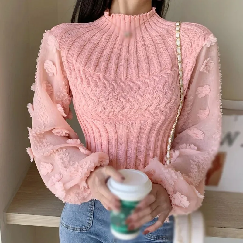 

Women's Tight Sweater T-shirt Puff Sleeve Mesh Stitching Crew Neck Slim Tops Knitted Warm Pullover