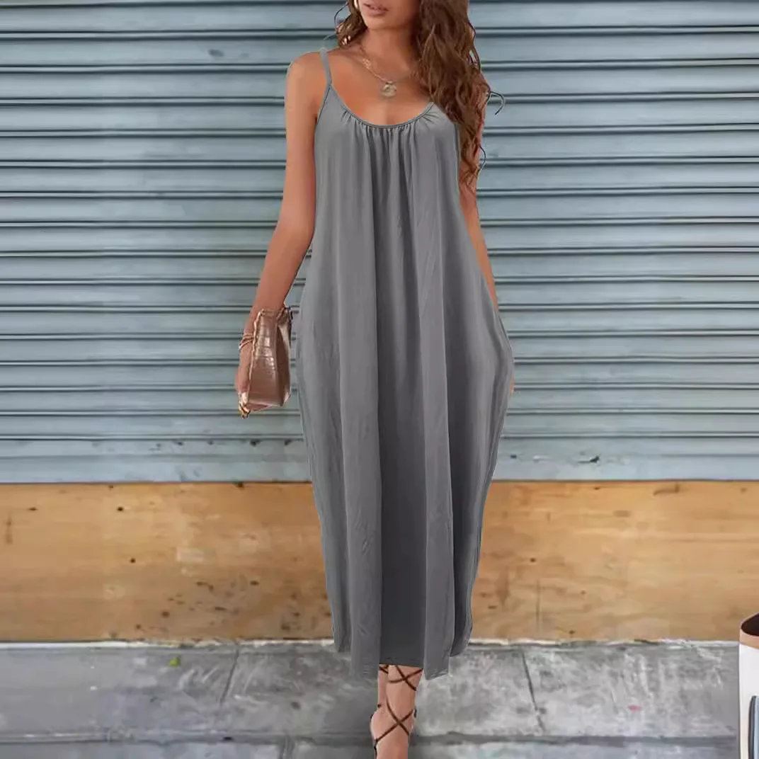 Dresses Spring Summer Basics Daily Folds Plain Sleeveless Scoop Neck Maxi Cami Vacation Dresses For Women