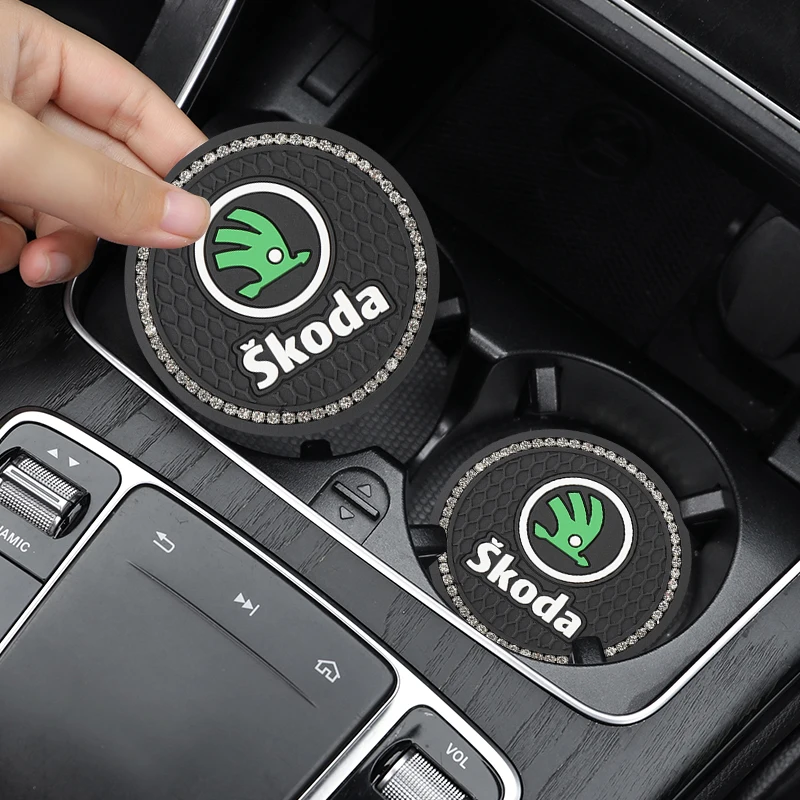 2Pcs Car Water Cup Pad Rubber Anti-noise Coaster For Skoda Octavia Superb Rapid Kodiaq Karoq Fabia Kamiq Roomster Citigo Enyaq