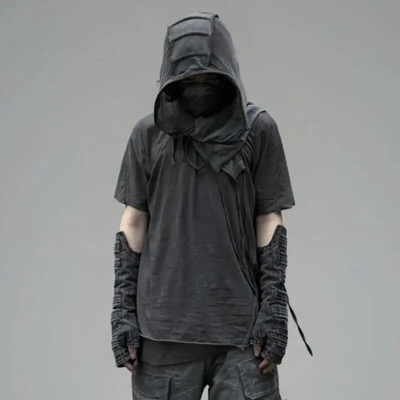 HKSH Summer New Man Waste Land Style Double Layer Asymmetric Three-Dimensional Cut T-shirt Dirty Dyed Vintage Cotton Tees HK8395