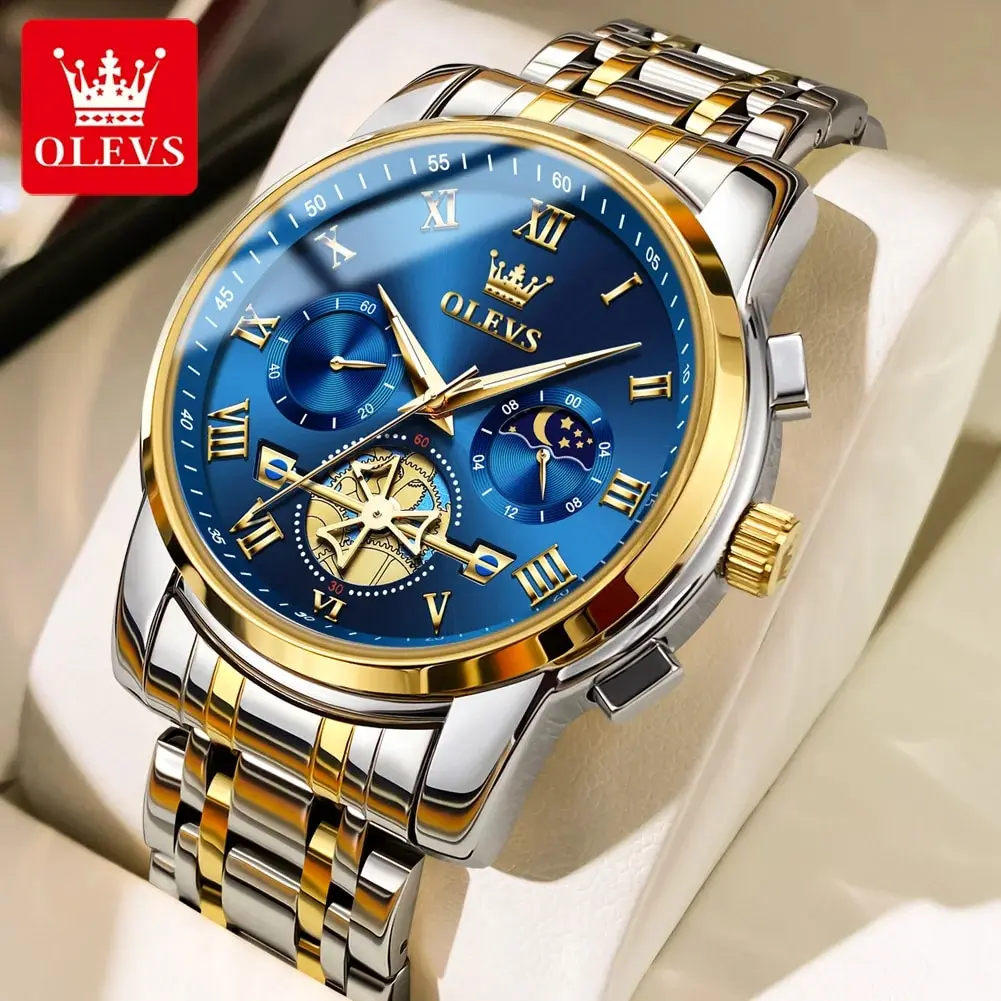 OLEVS 2859 Top Original Quartz Men's Watches Classic Roman Scale Dial Moon Phase Waterproof Luminous Luxury Wrist Watch for Male