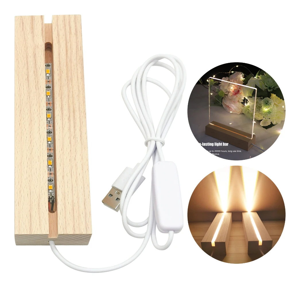 Crystal Wooden LED Lights Display Base Stand Light Plate Base Warm Light Rectangle 3D DIY Night Light Base for Resin Art Decor