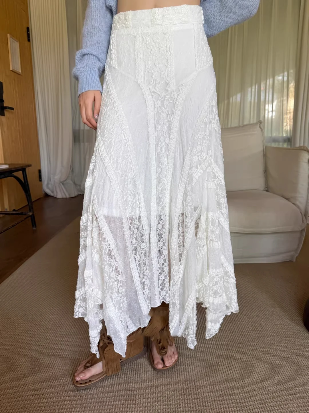 

Белая асимметричная кружевная юбка А-силуэта женская, с высокой талией, в художественном стиле, средней длины, фасон «зонтик», корейский стиль