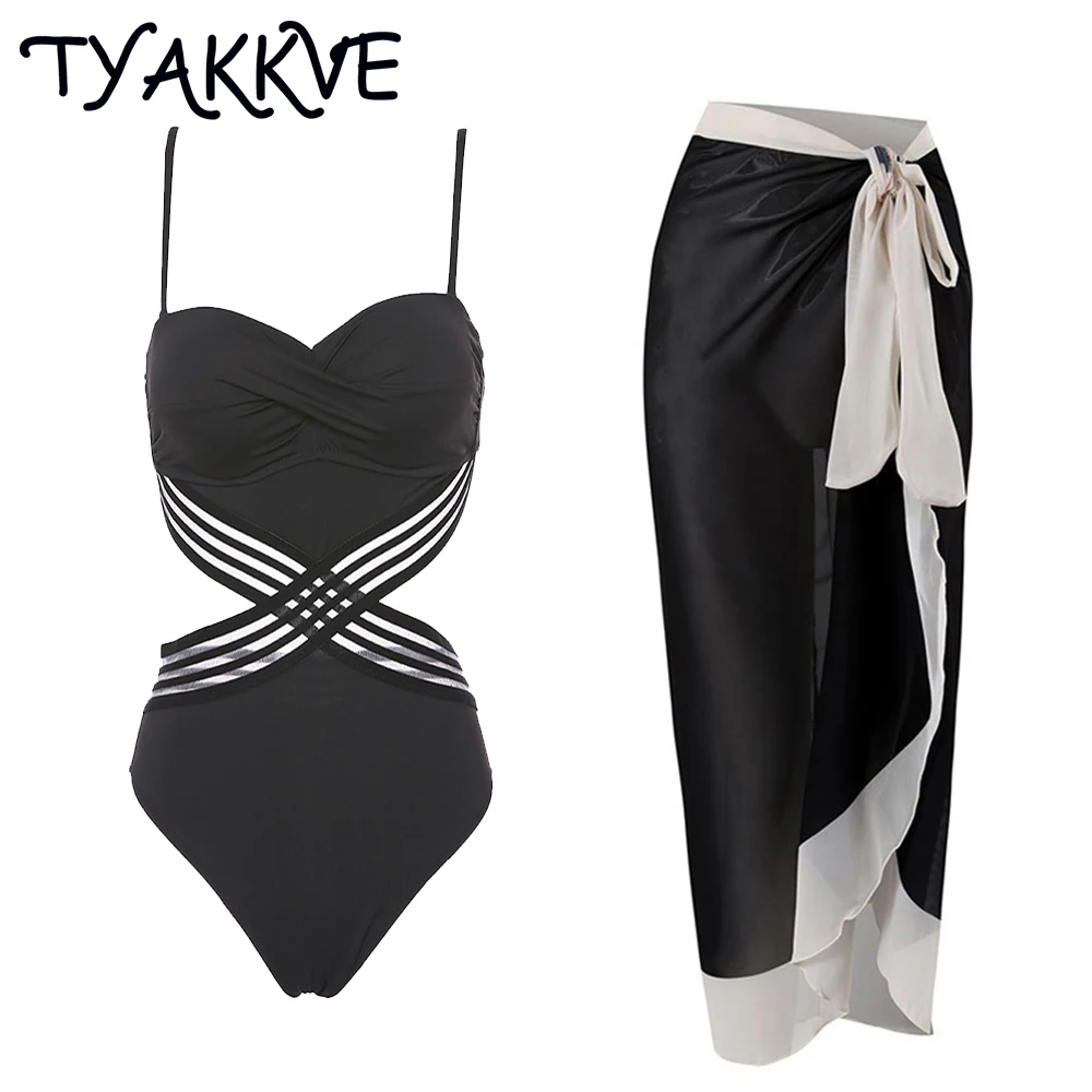 TYAKKVE New 2024 One Piece Women's Swimsuit Sexy Black Heart-shaped Backless Swimwear Beach Dress Bathing Suit Two-piece Set