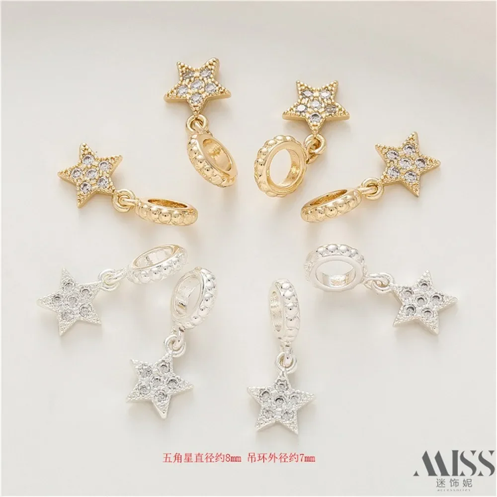 

14K Gold-coated Silver Zirconium-inlaid Pentagram Large Hole Ring Pendant DIY Accessories Hand-woven Rope Bracelet Necklace