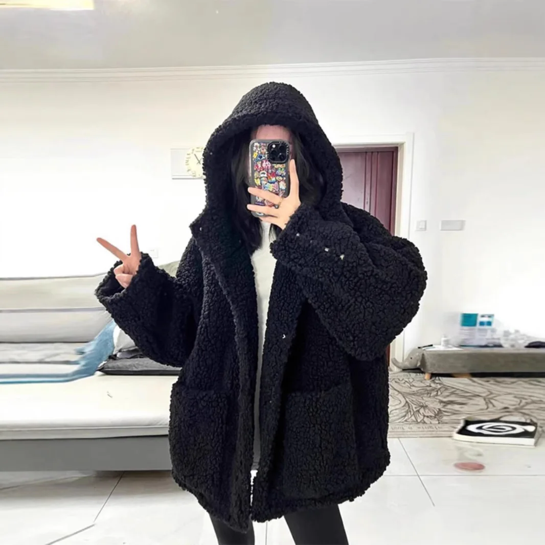 

Женские куртки из овечьей шерсти, пальто с капюшоном, толстая теплая толстовка с капюшоном, верхняя одежда с карманами, пальто из овечьей шерсти, уличная одежда, осень-зима 2025