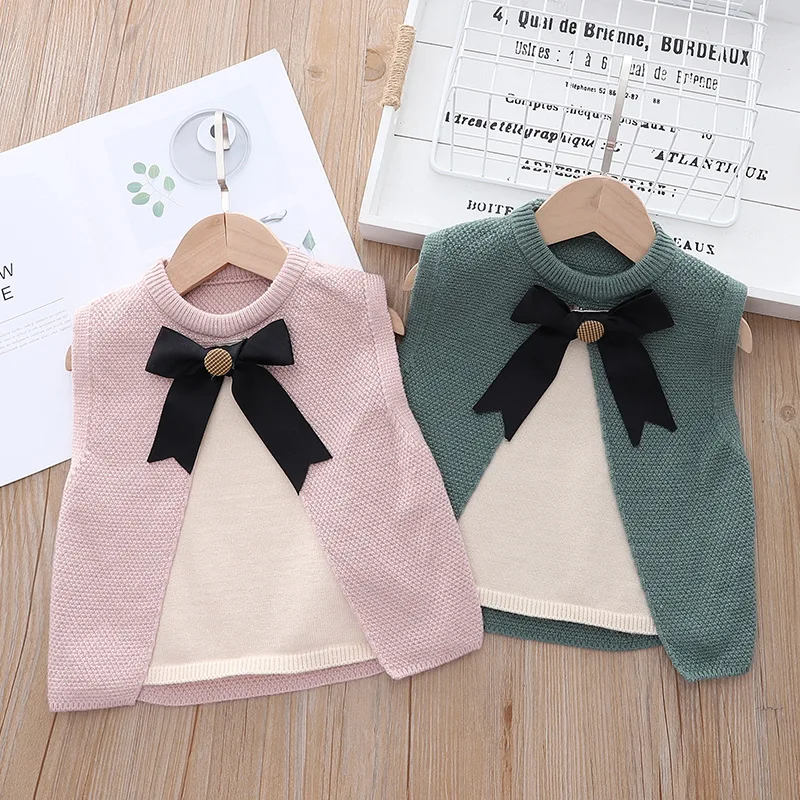 Children's Sweater Vest Autumn New Girls' Vest Foreign Style Bow Treasure Knitted Vest Fashion Simple Bow All-match