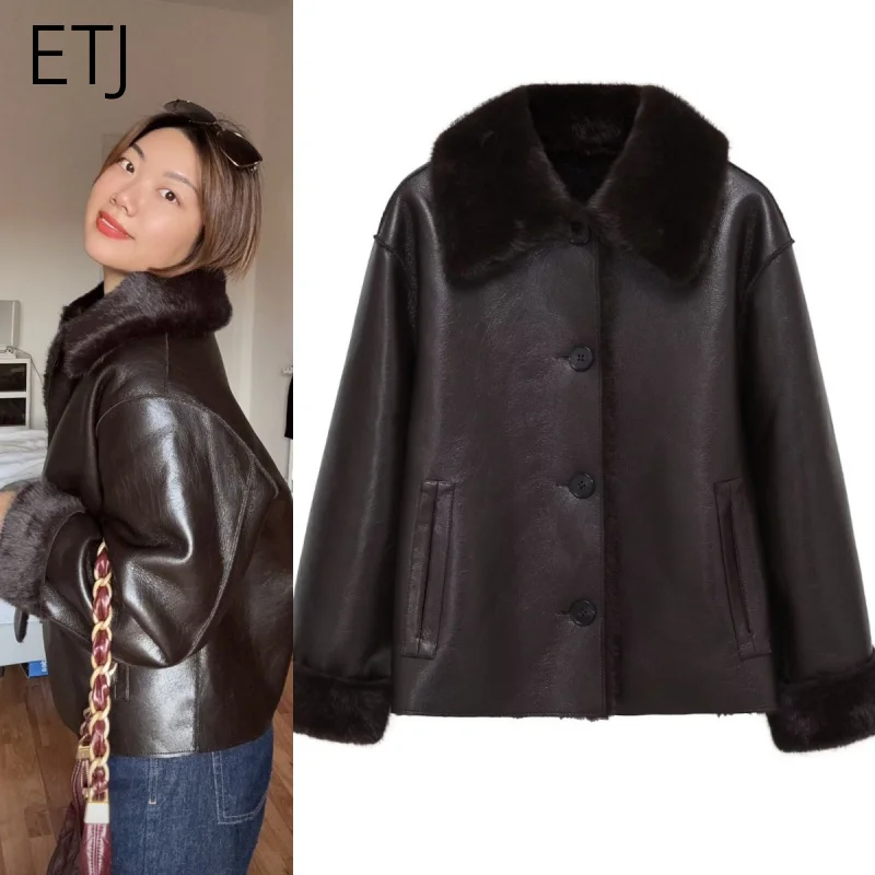 

ETJ 2025 women's winter new fashion brown two sides wear imitation leather warm coat windproof thick coat