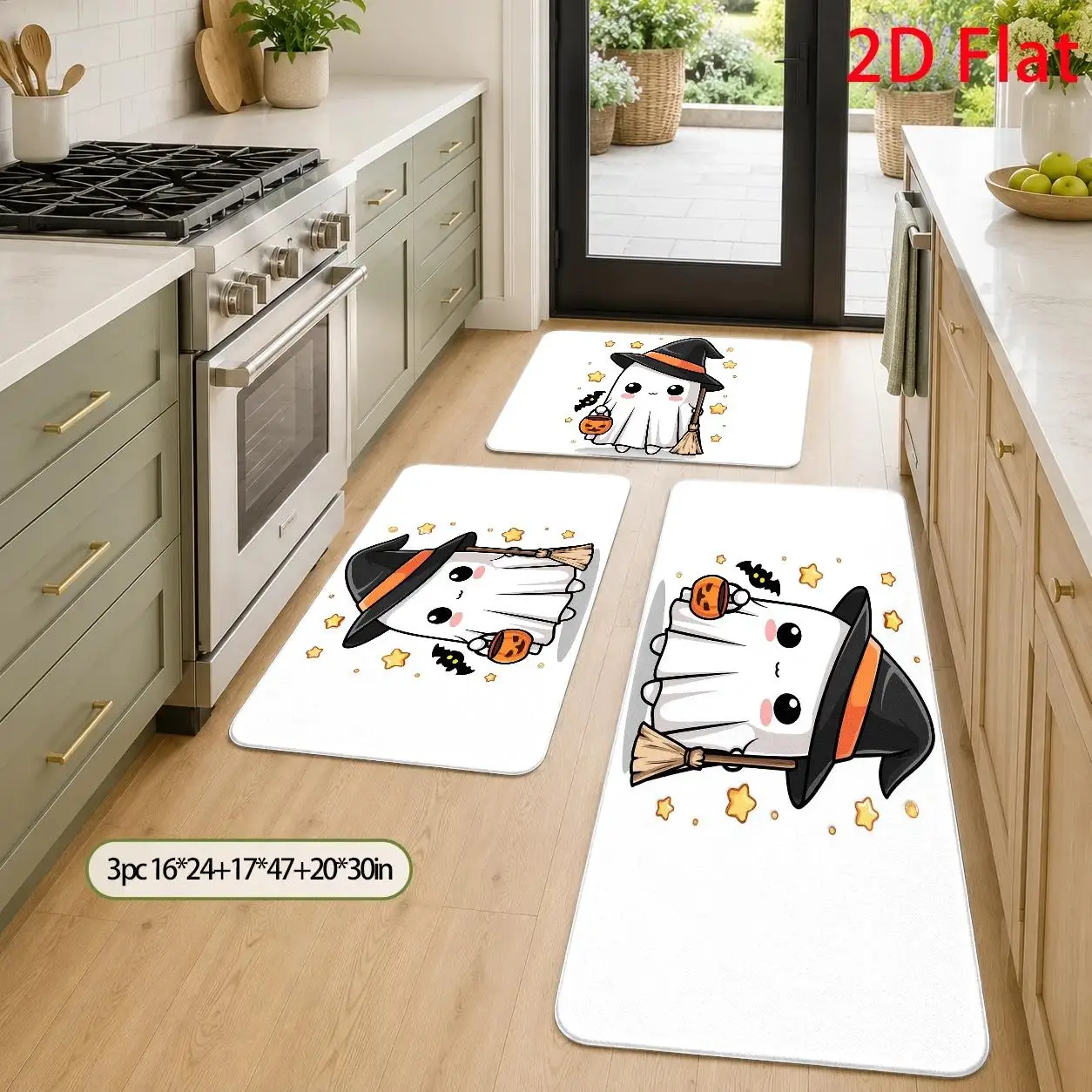 1pc, 2pcs, 3pcs, 2D Flat Kitchen Floor Mat Set, Cute Witch Halloween Theme Floor Mat, Adorable Cartoon Design Style, Festive Holiday Decoration, Easy-to-Clean Decorative Kitchen Mat, Suitable for Kitchen, Bathroom, 2D Flat