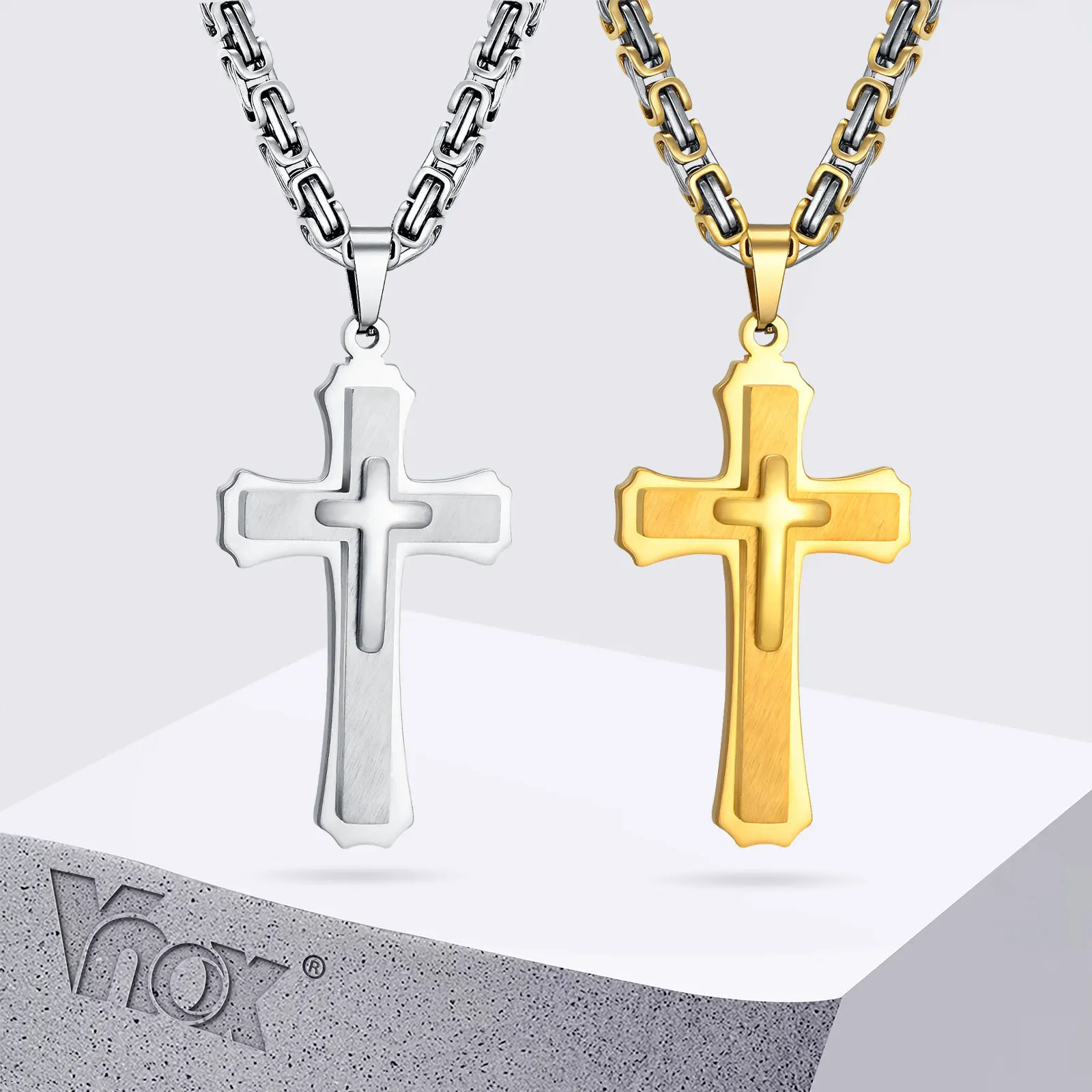 Vnox Heavy Chunky Cross Necklaces for Men Boys, Bold Byzantine Link Chain Necklace, Two Tones Punk Rock Cross Religious Pendant