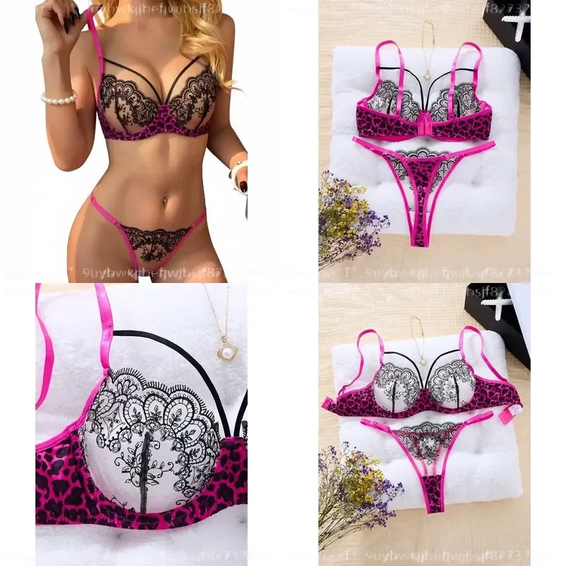 Conjunto de lencería de encaje con estampado de leopardo magenta, sexy, transparente, de gasa, con sujetador moldeador de copa media y tanga, dos piezas.