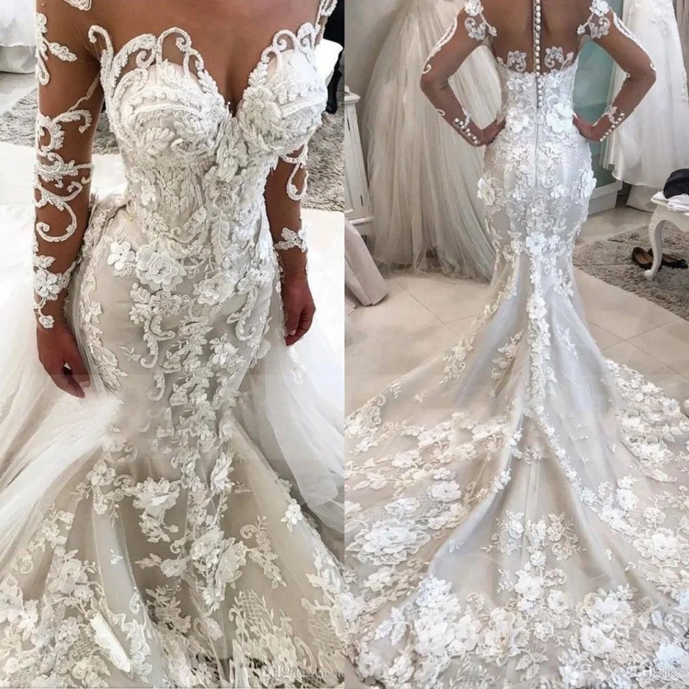 

STEVDITG New Arrival Appliques Wedding Dress Elegant V-Neck Long Sleeves Floral Print Mermaid Gowns Court Train Bride Dress