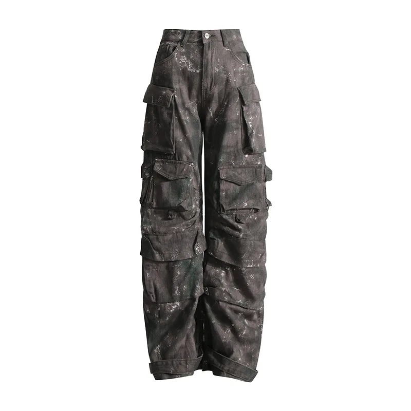 

Custom Women Camouflage Cargo Pants Multiple Pockets Fashion Green High Waist Wide Leg Pants