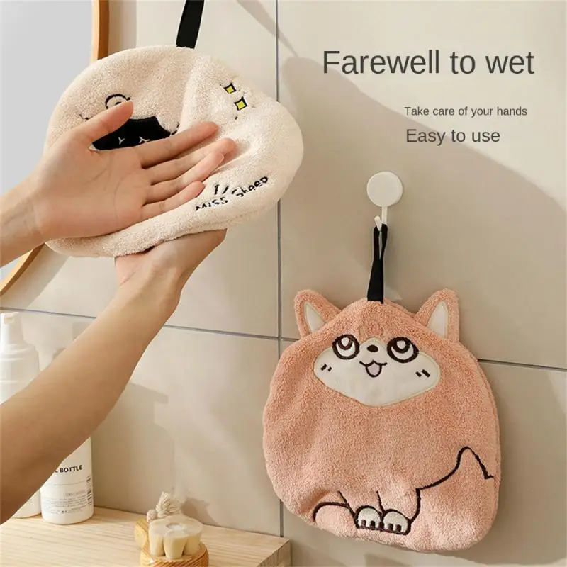 New Hanging Hand Towel Absorbent Quick-drying Kitchen Coral Fleece Cartoon Square Cute Double-layer Hand Towel