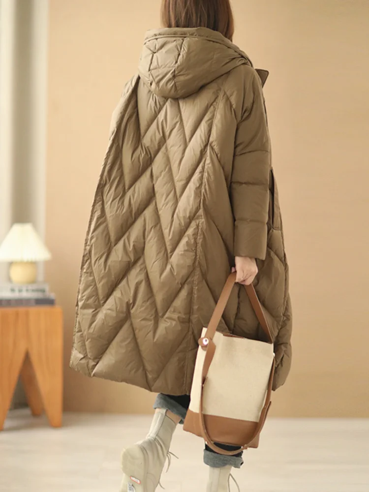 Cappotto lungo allentato da donna, piumino spesso, piumino con cappuccio, parka di piume, soprabito femminile, autunno, inverno, 2024