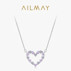 925 Sterling Silver Romantic Heart Enamel Pendant Necklace Cute Purple CZ Link Chain Neck For Women Wedding Engagement Jewelry