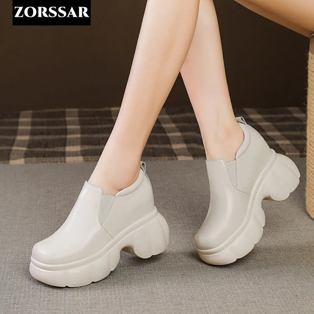 

10cm Women Casual Shoes Genuine Leather Height Increasing Slip on Platform Wedge Sneakers Chunky Shoes Spring Autumn Sneaker