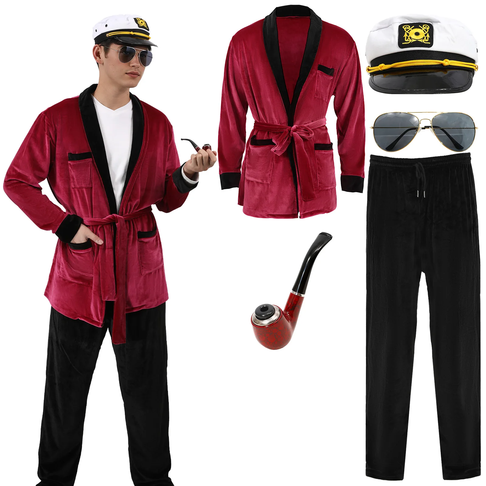 

Men Velvet Robe Silky Long Sleeve Bathrobe Pajama with Sunglasses Captain Hat Belt Pants Halloween Party Costume