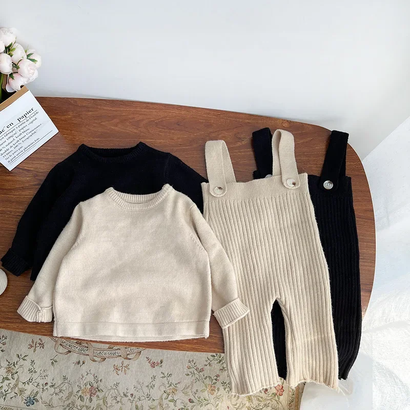 2026 Autumn Knitted Baby's Sets Korean Solid Color Knitted Pants for Girls' Casual Pit Strap Pants Set Baby Fashionable Pants