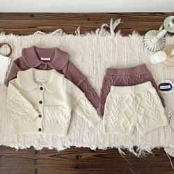 2024 New Autumn Newborn Baby Girls Clothing Set Long Sleeved Solid Color Knitted Cardigan+Shorts Toddler Baby Girl Clothes Suit