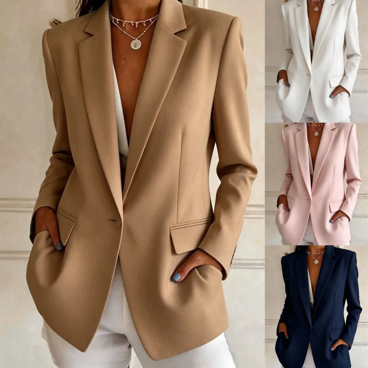 Simple. Solid Color Loose-fitting Blazer, Suitable For Commuting, With A Lapel. Necklace And Single Button Closure,   Multifunct