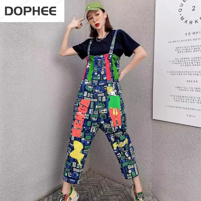 

2022 New Summer Women Denim Trousers Age Reduction Loose Colorblock Graffiti Printing Overalls Casual Female Jean Jumpsuit