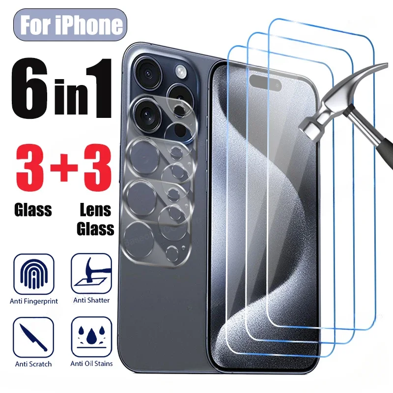 6IN1 Tempered Glass For iPhone 15 14 13 12 11 Pro Max Camera Screen Protector For iPhone 15 14 Plus 13 12 Mini  Lens glass