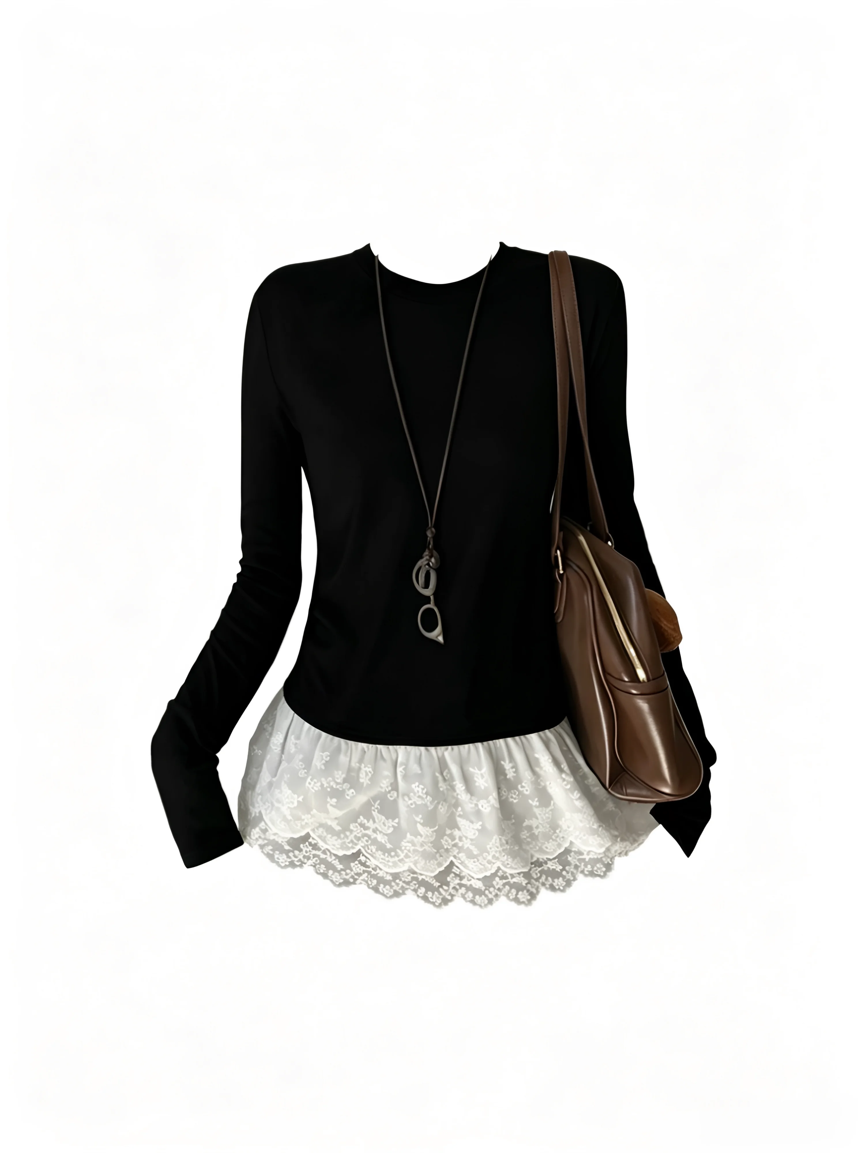 

95% Cotton Long Sleeve T-Shirt Women's Spring Large Size Ballet Lace Hem Base Shirt Inner Wear Layering Top Simple Style