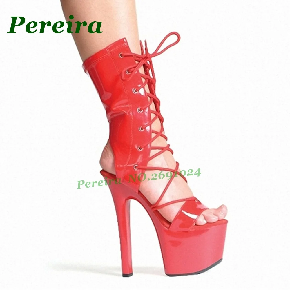 17Cm Black Patent Pole Dance Sandals Platform Peep Toe Lace-Up Women's Sandals Stiletto High Heels Cross Tied Performance Shoes